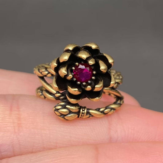 Vintage Rhinestone Inlaid Rose Bronze Adjustable Ring