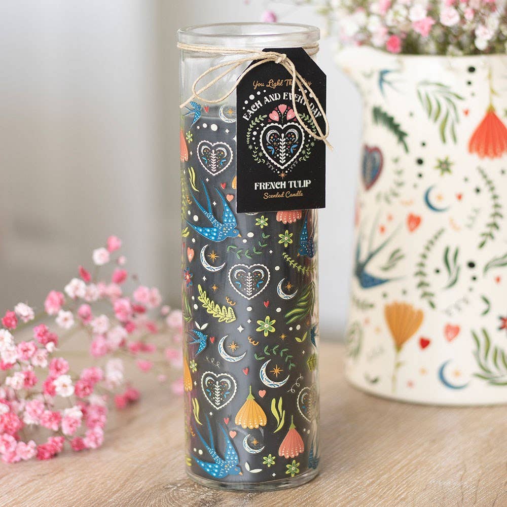 Midnight Bloom Folk Floral Print French Tulip Tube Candle