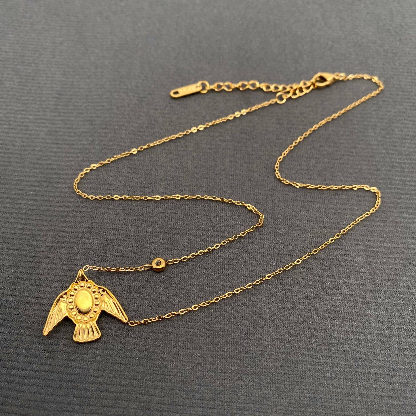 Stone Inlaid Bird 18K Gold Plated SS Charm Necklace - FGS