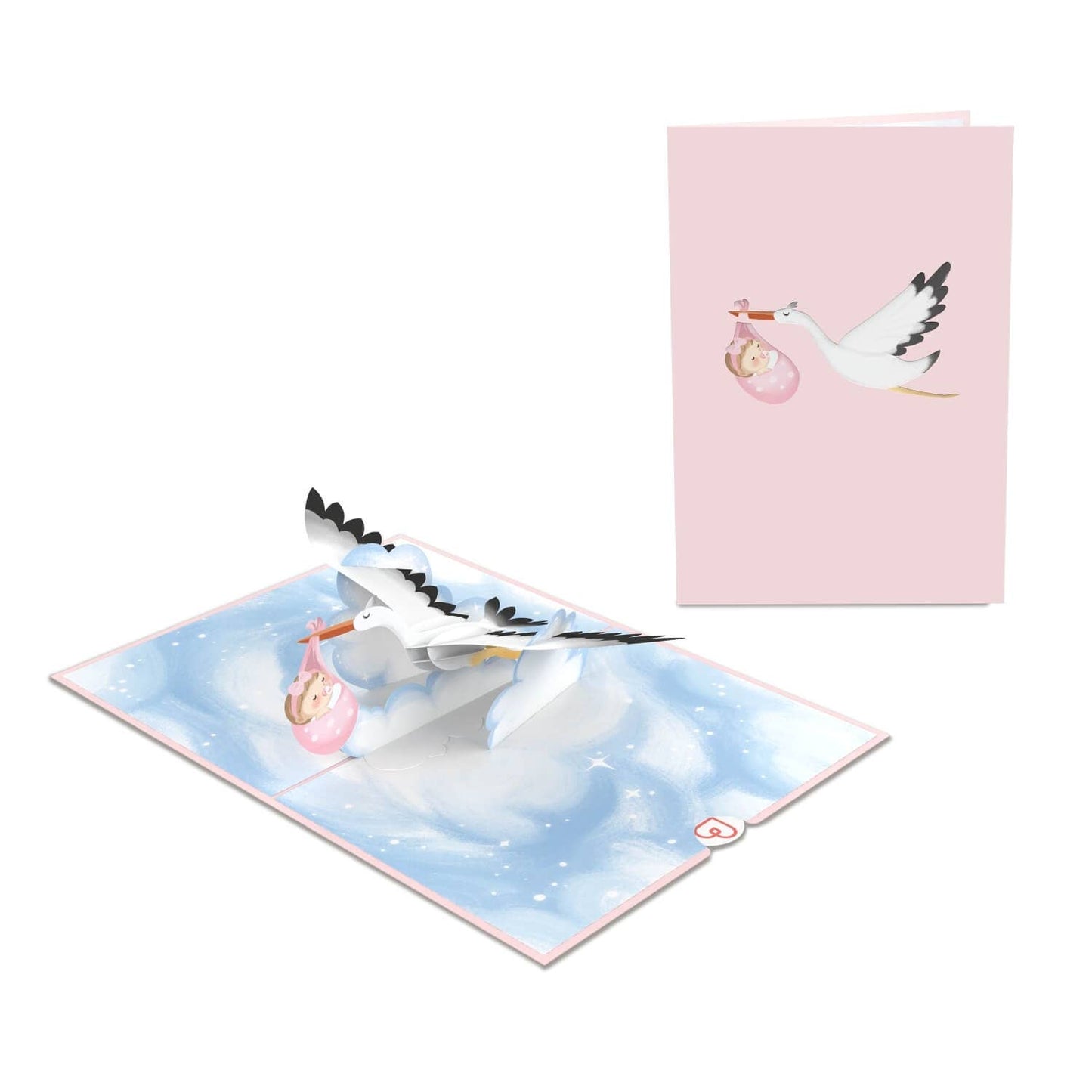 Stork & Baby (pink) pop-up card | 3D birth card