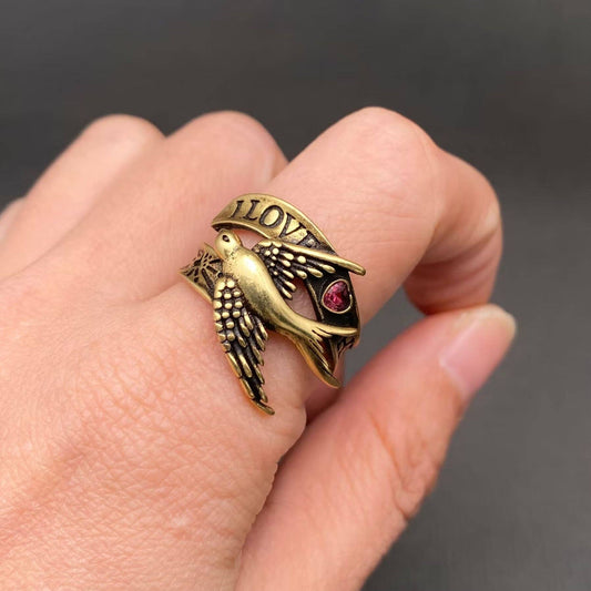 'I LOVE THEE' Heart Zircon Bronze Swallow Adjustable Ring