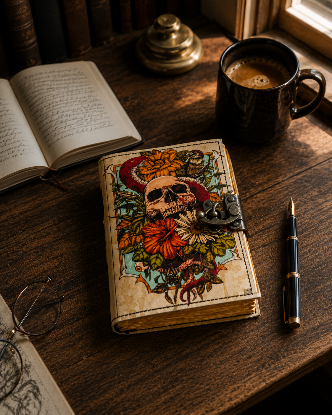 Skull Floral Rustic Leather Journal Spell Book for Gift Shop