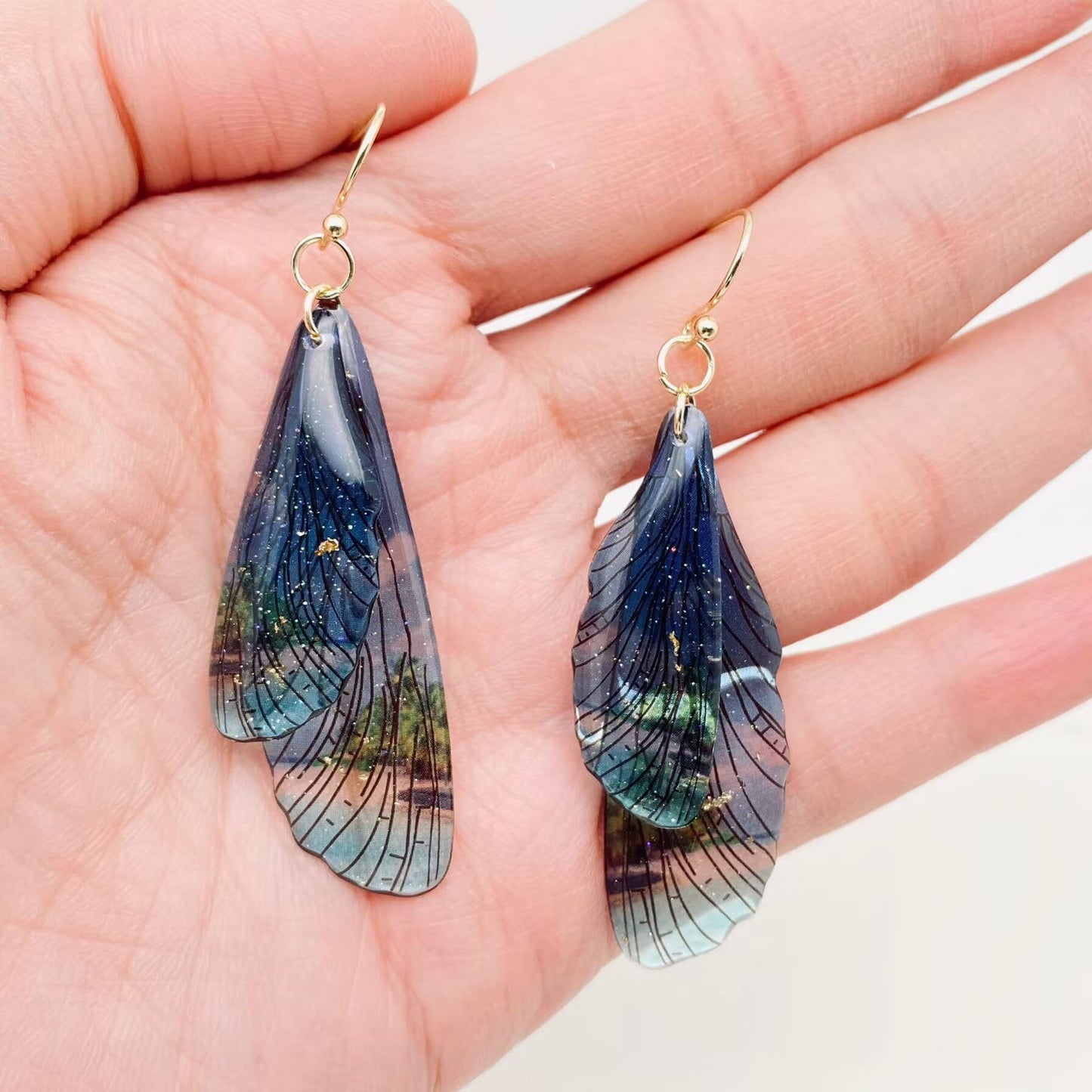 Resin Colored Dragonfly Wings Dangle Earrings