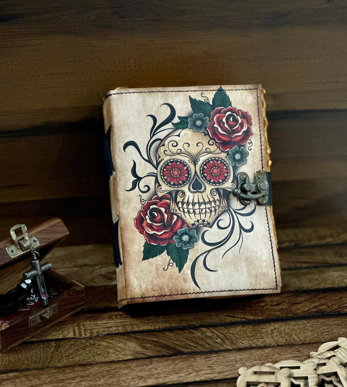 Vintage Leather Journal Grimoire with Sugar Skull Rose Print
