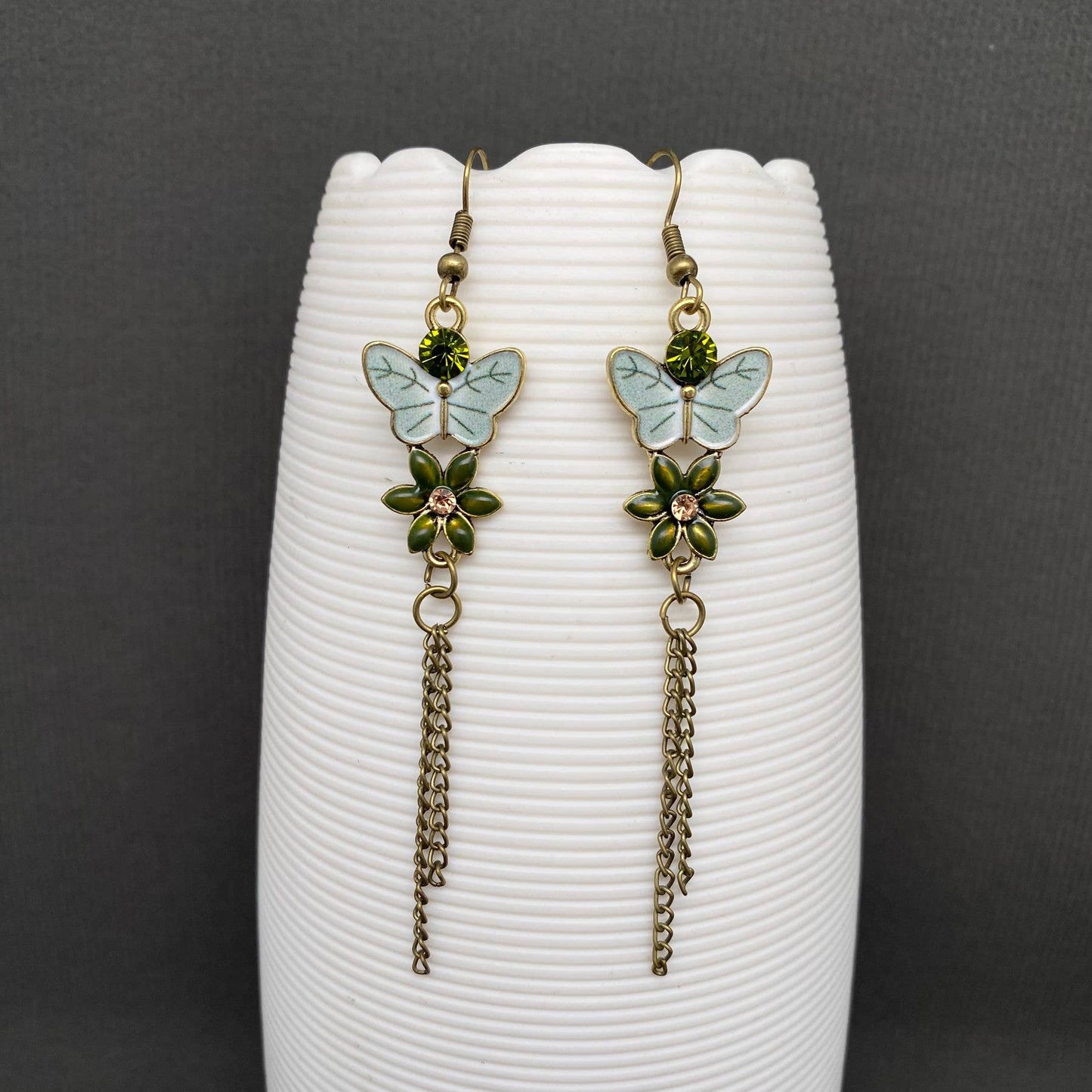 Green Enamel Flower Butterfly Dangle Earrings