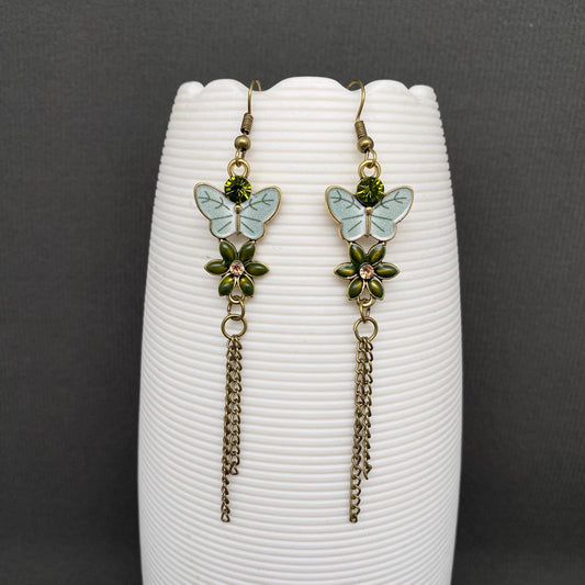 Green Enamel Flower Butterfly Dangle Earrings