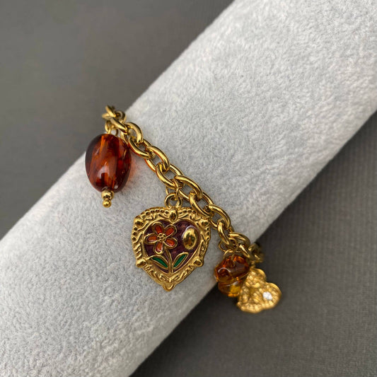 Flower Heart & Bee 18K Gold Plated SS Charm Bracelet