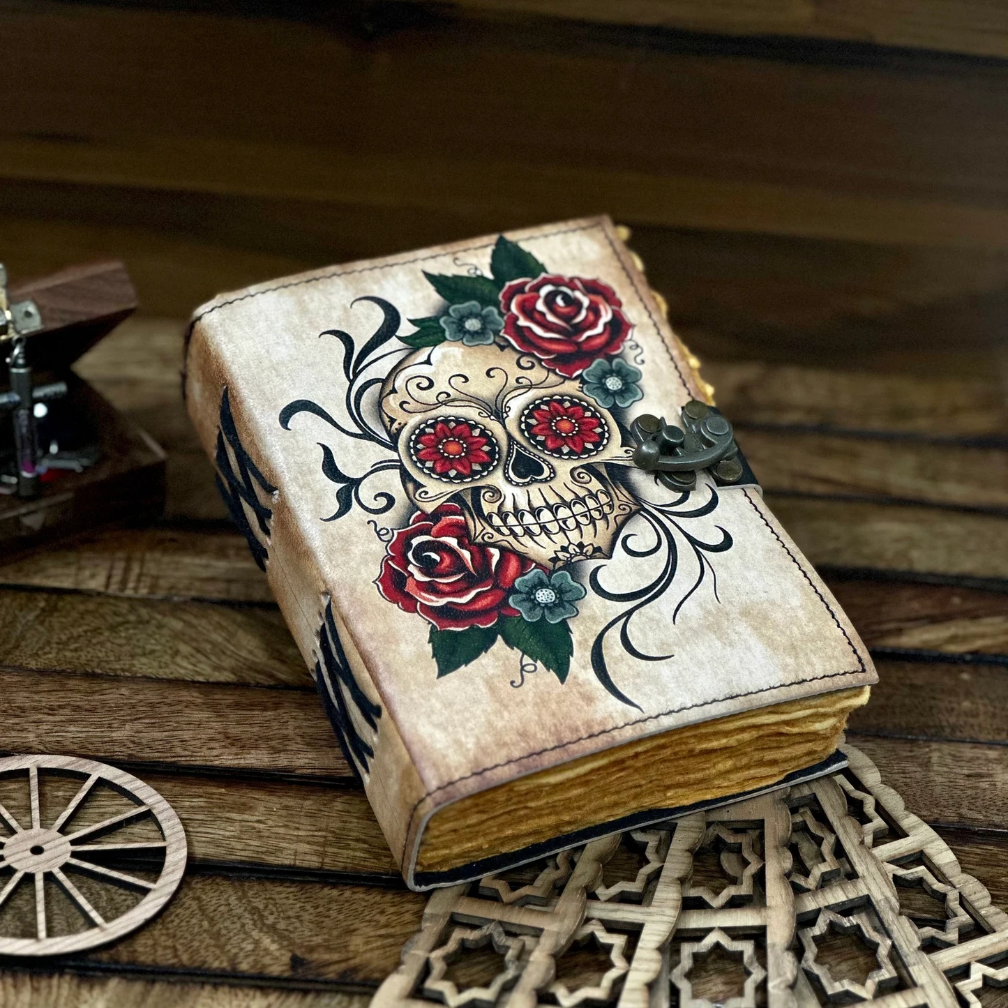 Vintage Leather Journal Grimoire with Sugar Skull Rose Print