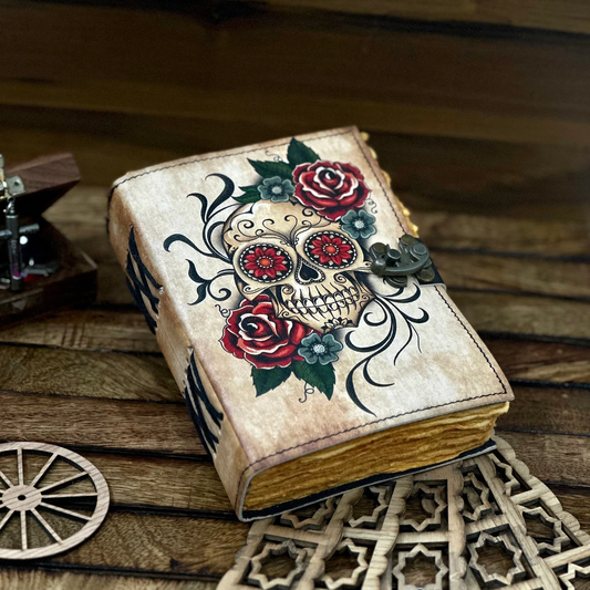 Vintage Leather Journal Grimoire with Sugar Skull Rose Print