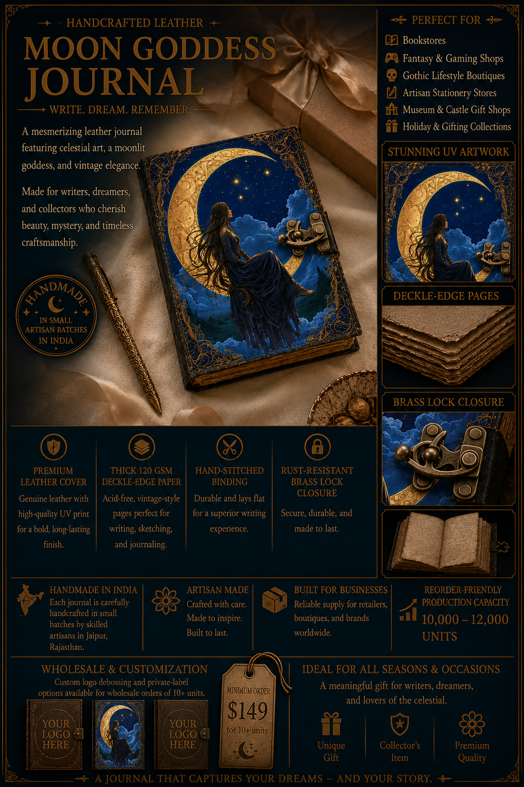 Moon Goddess Leather Journal with Lock – Celestial Deckle