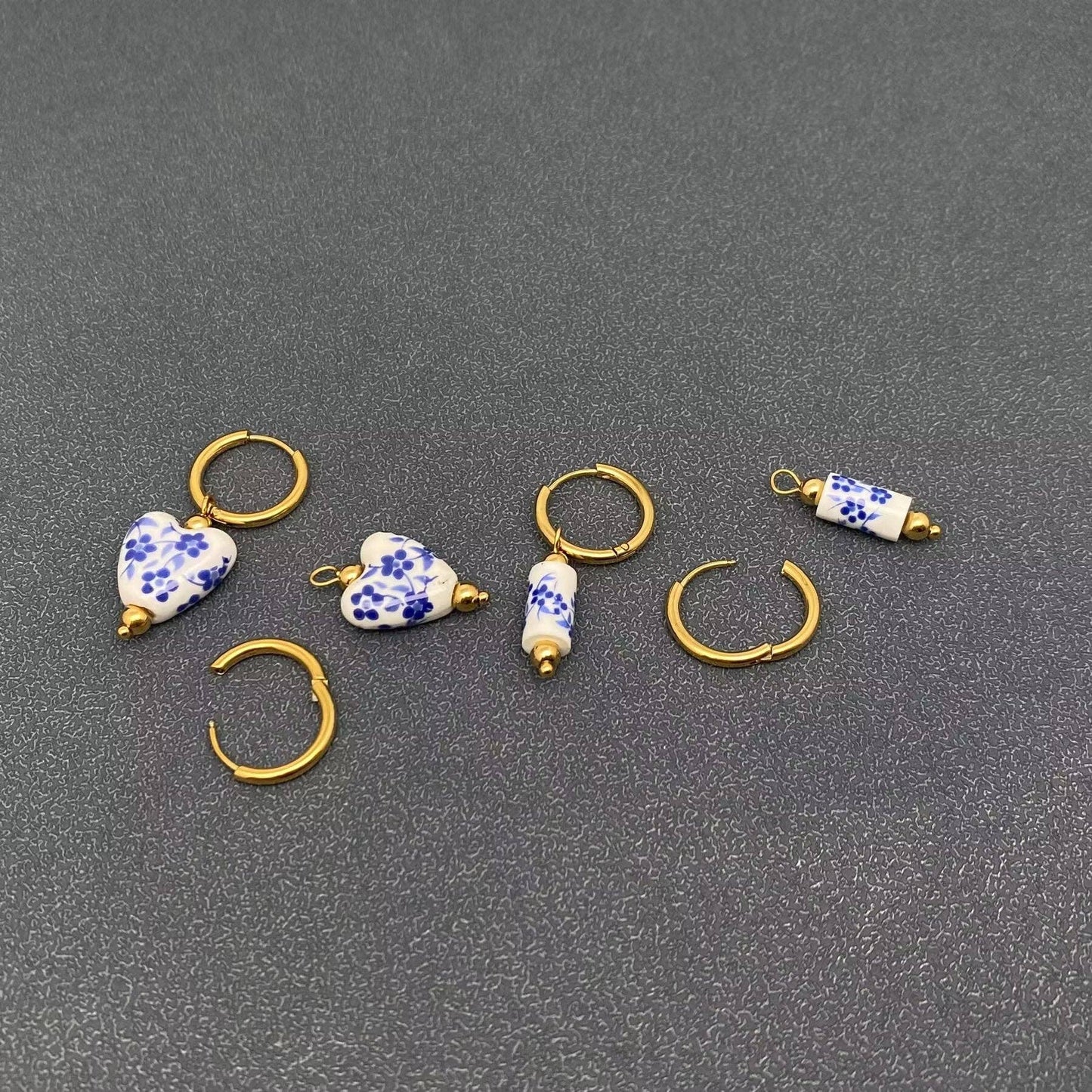 Blue and White Porcelain 18K Golden SS Huugie Earrings - FGS: A