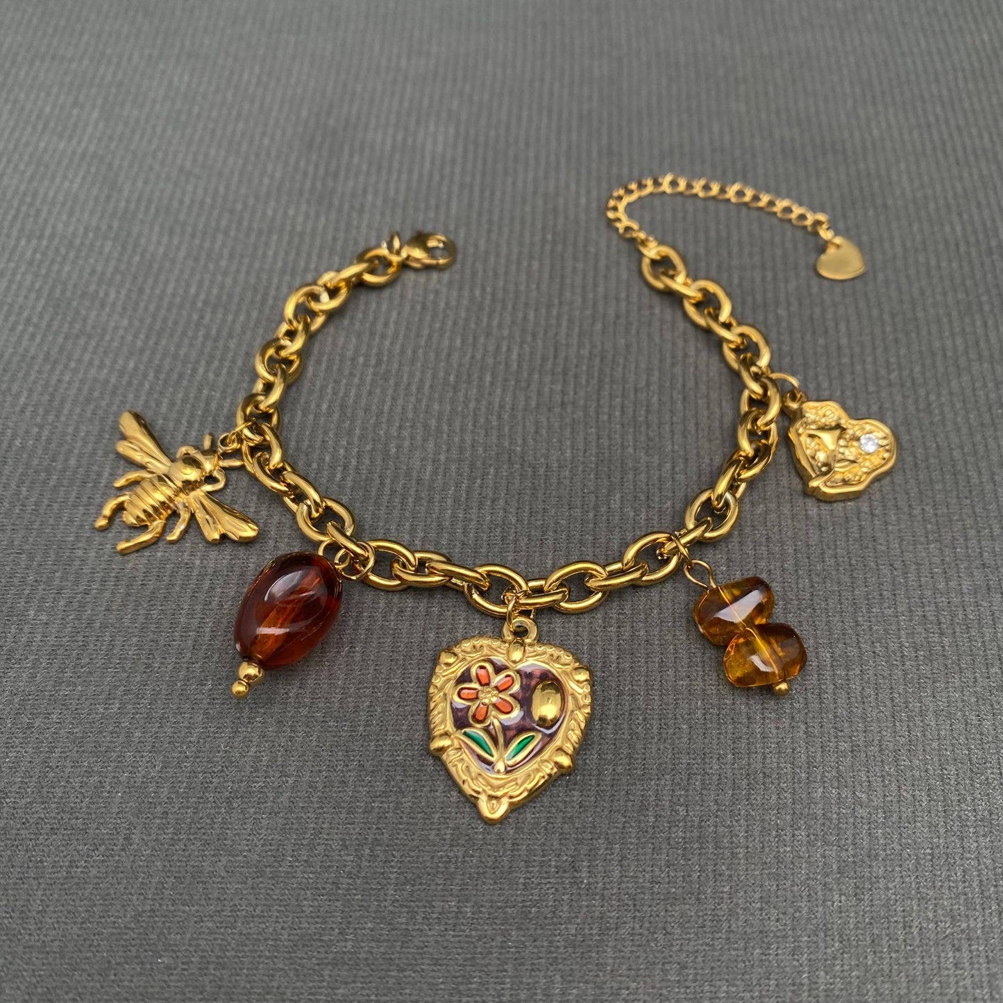 Flower Heart & Bee 18K Gold Plated SS Charm Bracelet