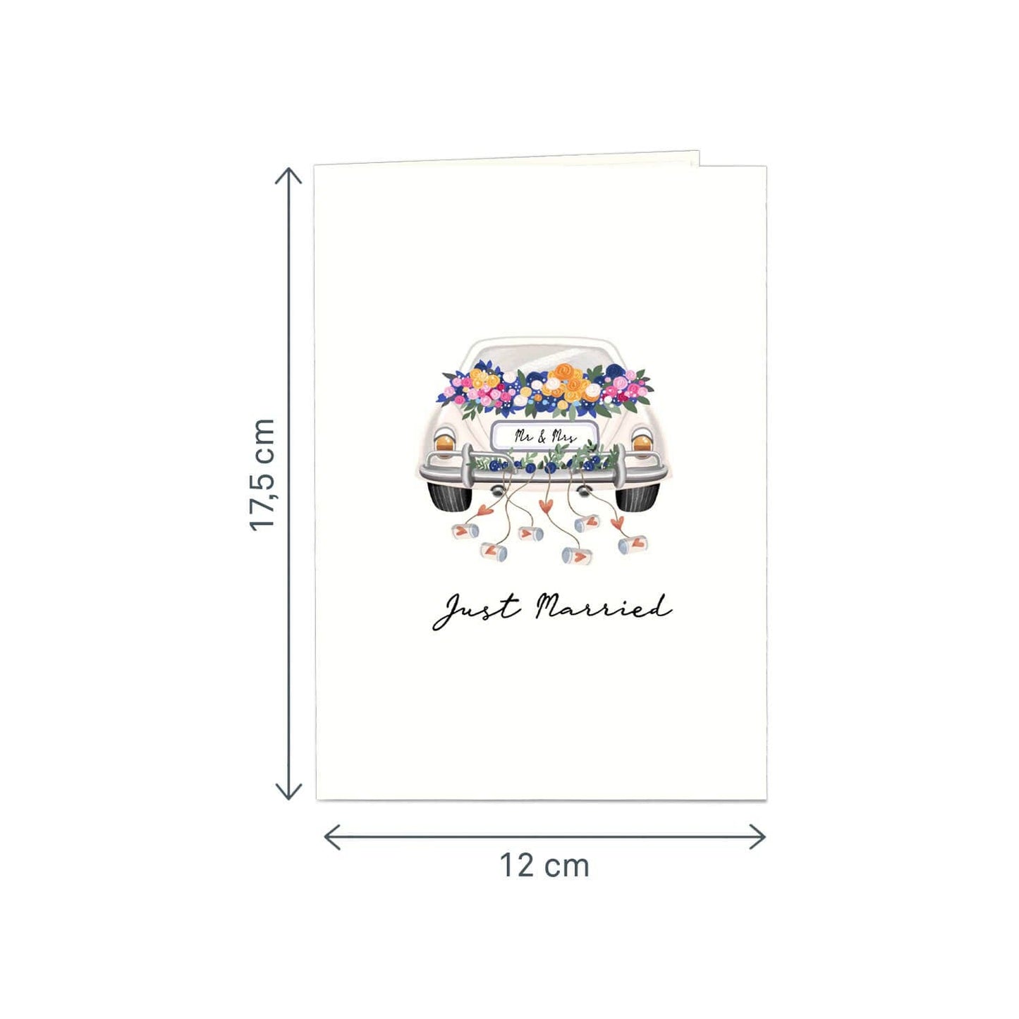 Wedding car with "Just Married" garland pop-up card