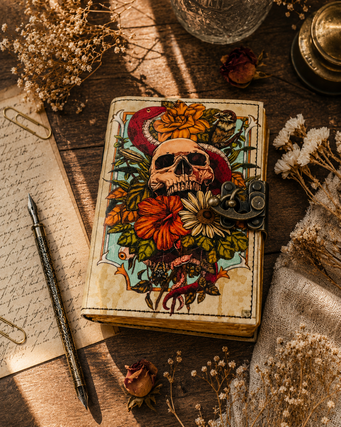 Skull Floral Rustic Leather Journal Spell Book for Gift Shop