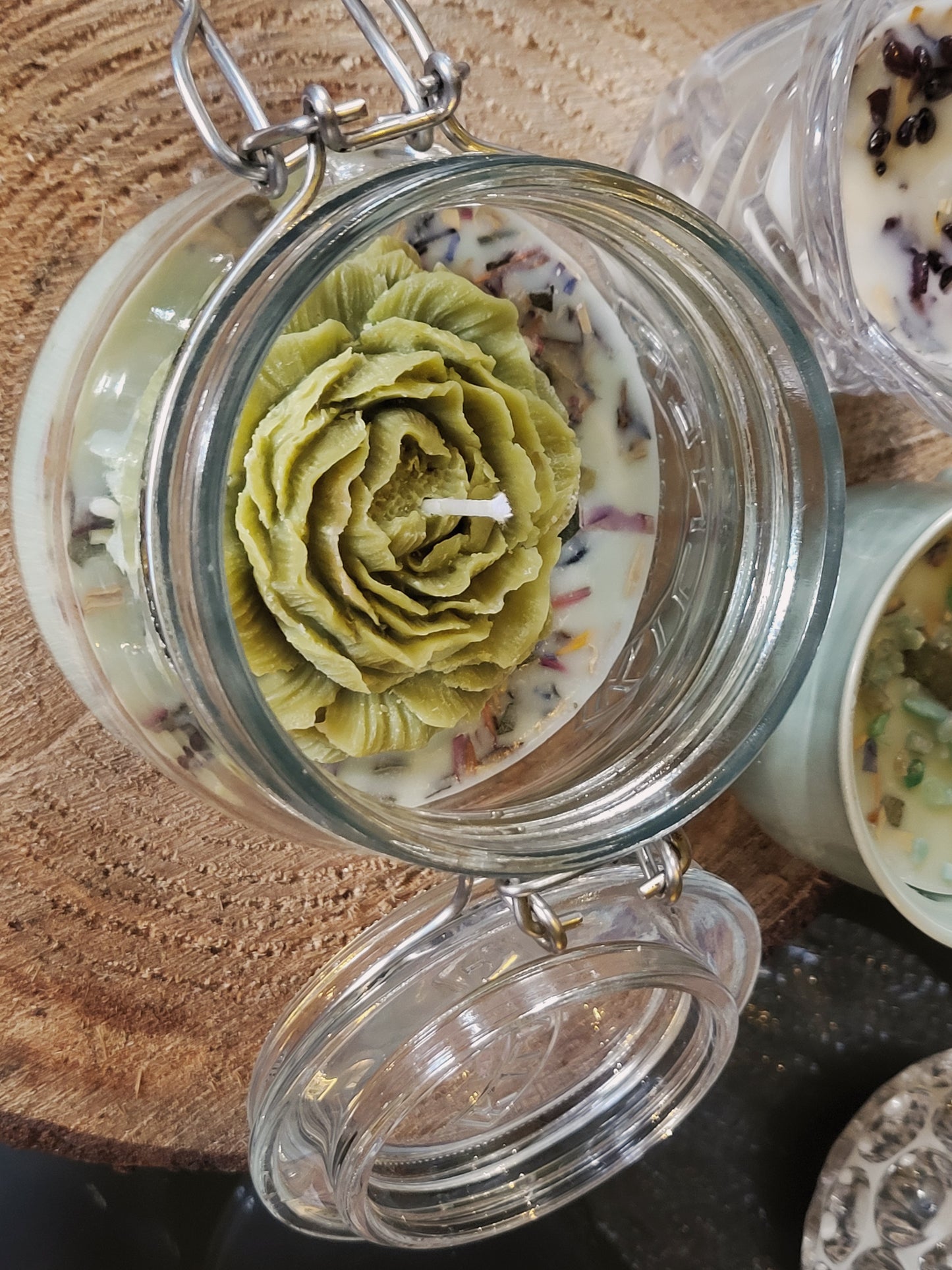 Homemade Candle with Green Rose Jar