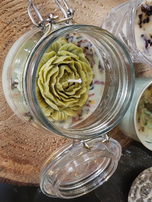 Homemade Candle with Green Rose Jar