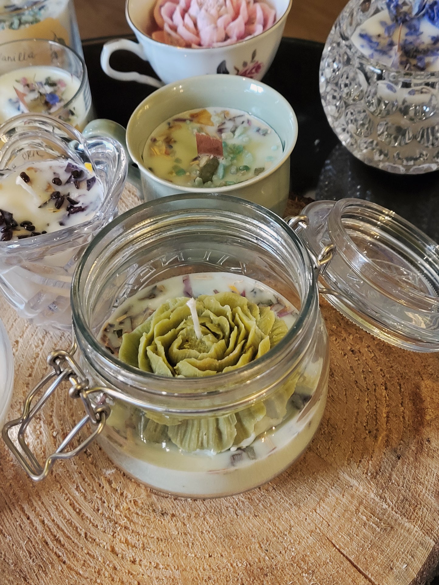 Homemade Candle with Green Rose Jar